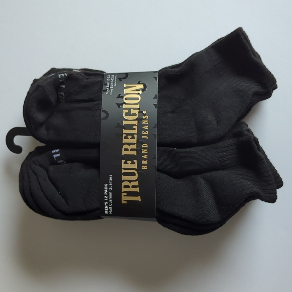 True Religion Brand Jeans Half Cushion Quarters Men's 12 Pack Black Socks 10-13